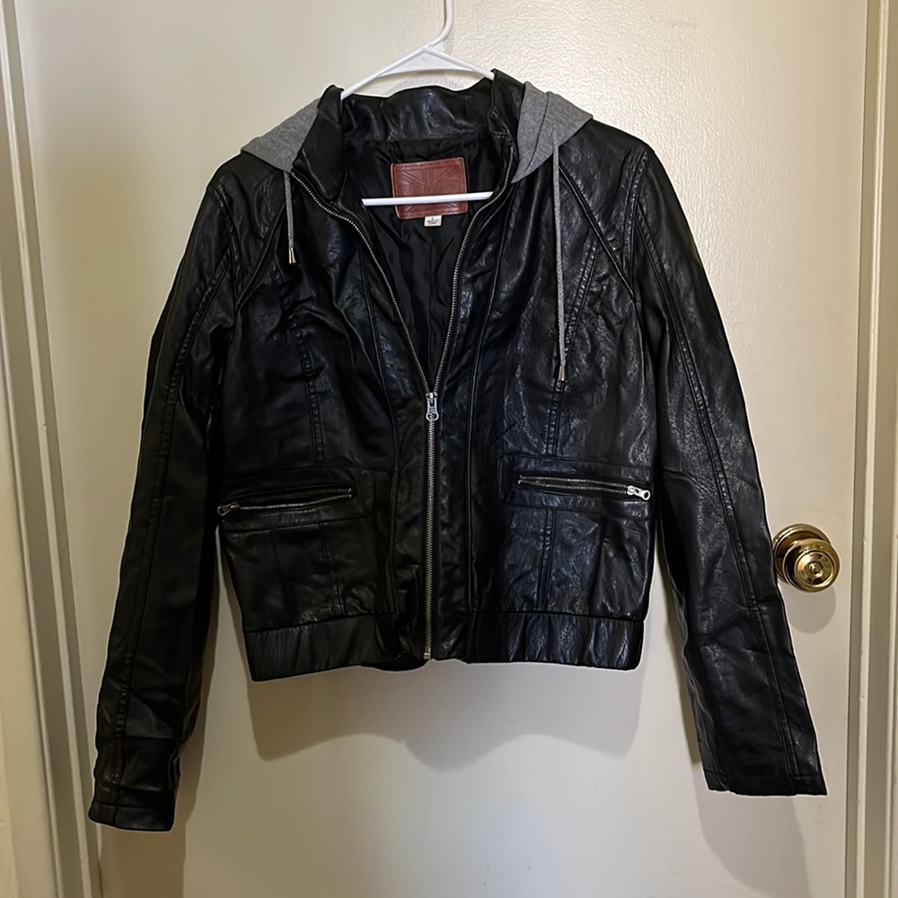 Black Leather Jacket with hoodie